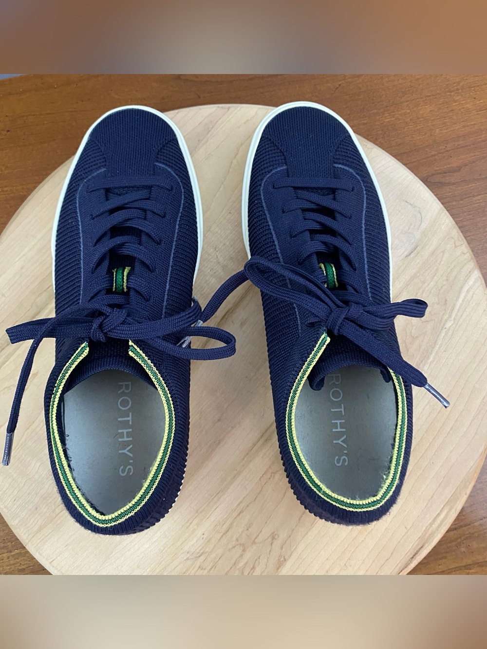 Rothy's The Lace Up Sneakers Navy Blue Yellow Trim Knit Women’s Size 10 Washable - Picture 16 of 16